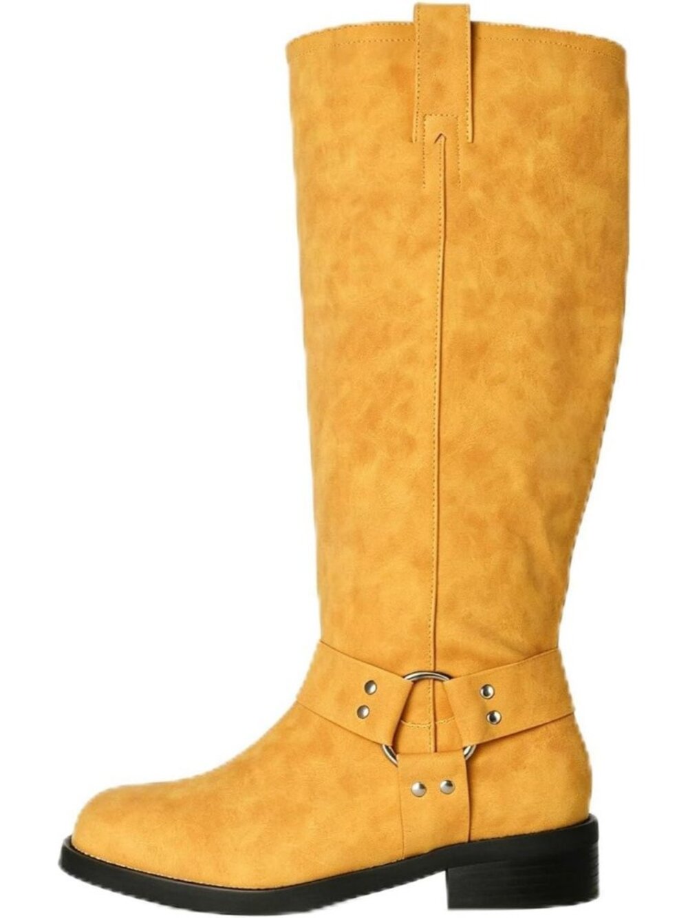 Women's Yellow Knee High Boots Square toe Low Heel Buckle Boot Pull-On Wide Calf
